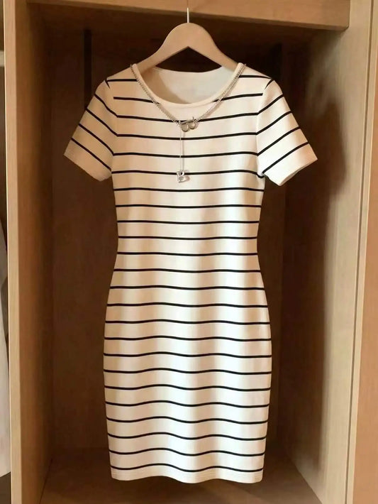 Striped Print Wrap Mini Dress – Round Neck Short Sleeve | Elegant Casual Style