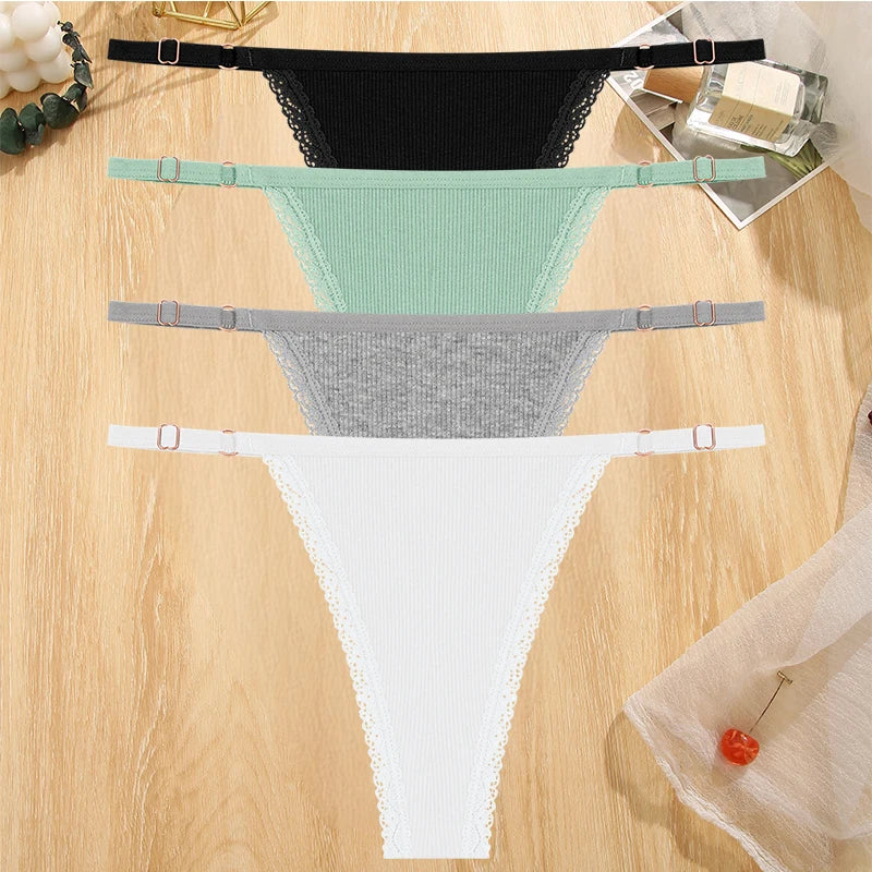 Women's Cotton Lace G-String Thongs – 4-Piece Set | Low Rise Adjustable Waistband Hipster Underwear (S–XL)