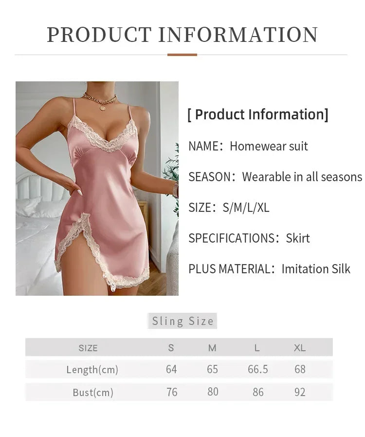 Lace-Trim Satin Slip Nightdress — Deep V Backless Mini Nightgown | Women's Sleepwear
