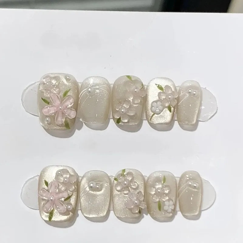 Handmade Short Square Press-On Nails - Floral & Cat Eye, 10-Piece Kit