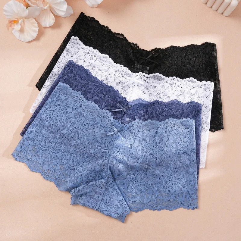 4-Pack Hollow Lace Boyshort Panties – Low-Rise Breathable Underwear for Women (S–2XL, 13 Color Sets)