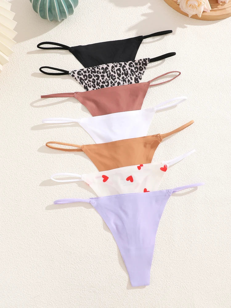 7-Pack Ice Silk Printed & Solid Thongs — Seamless Low-Rise G-String