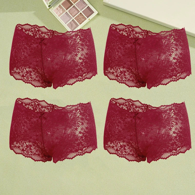 4-Pack Hollow Lace Boyshort Panties – Low-Rise Breathable Underwear for Women (S–2XL, 13 Color Sets)
