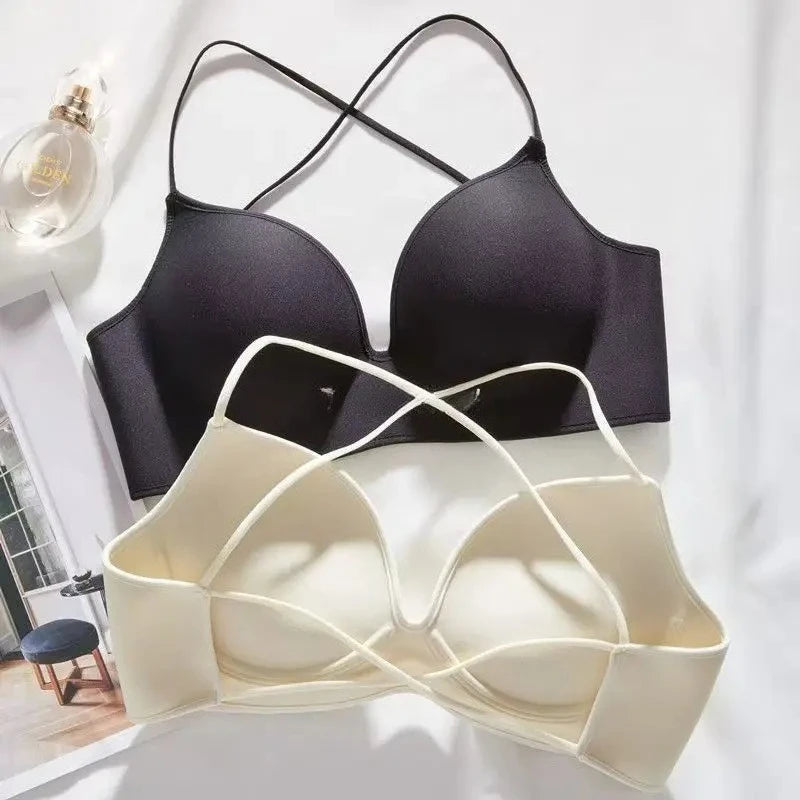 Women's 10CM Extra Thick Push Up Bra for AA/A Cup | Open Back Lingerie with Convertible Cross Straps | Seamless Wire-Free Bra No Marks (70A–85A)