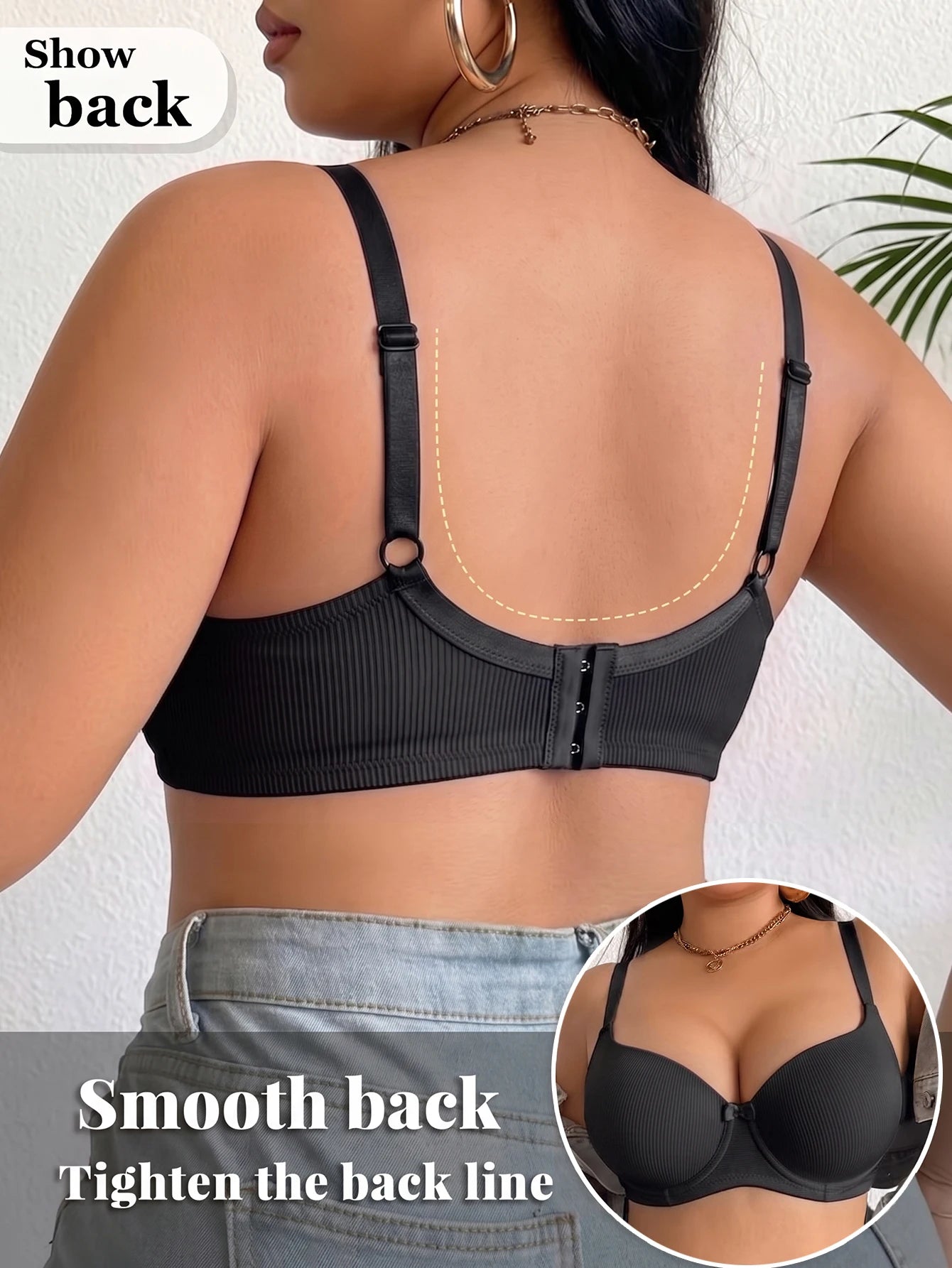 Plus Size Ribbed Push-Up Bra — Wide Strap Underwire Side Gather | Women's Bra