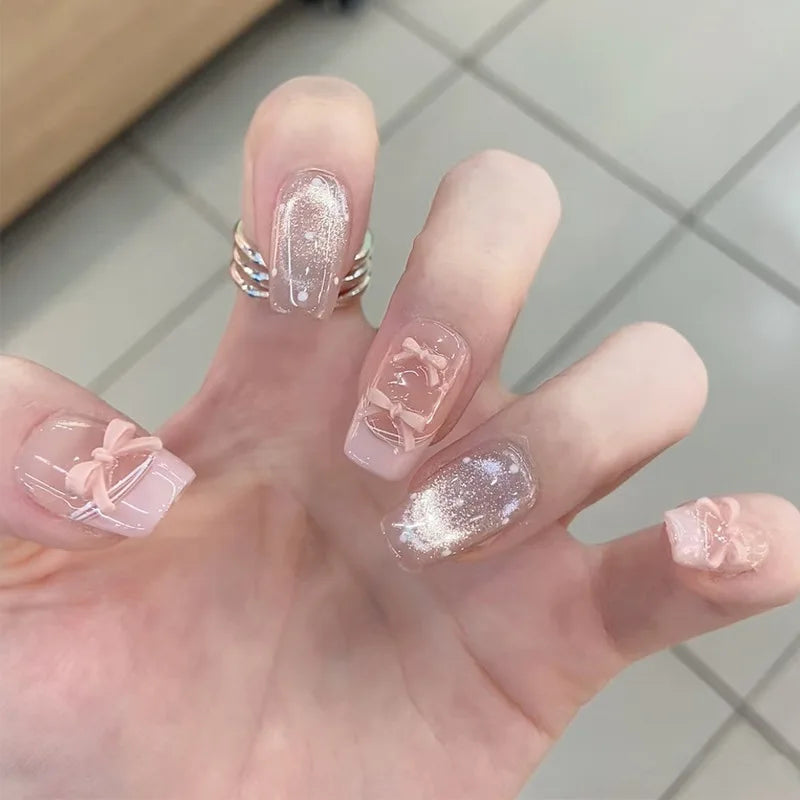 Short Press-On Nails - French Tip, Bow & Glitter Designs, 24 Pieces
