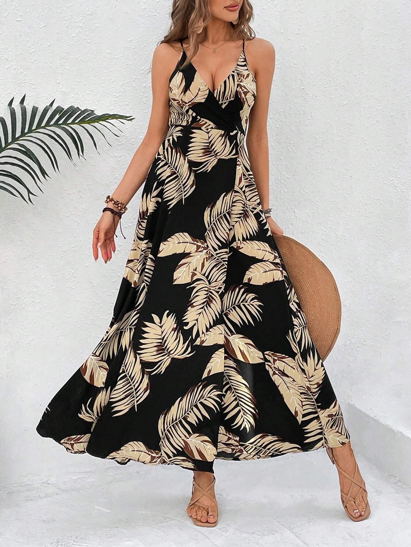 Tropical Print Thigh-High Slit Backless Spaghetti Strap Dress 1056