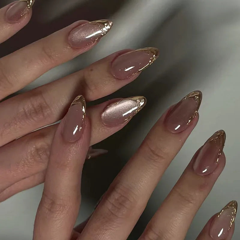 Medium Almond Cat Eye Press-On Nails - Glitter & Gold-Tone Designs, 24 Pieces