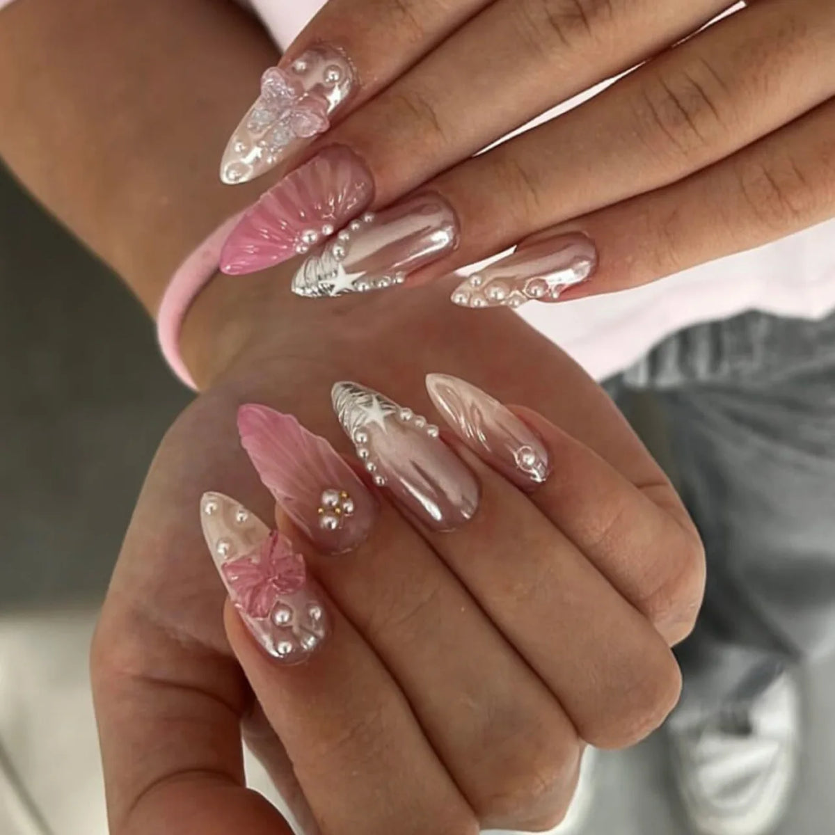 Almond Press-On Nails - 3D Floral, Butterfly & French Tip, 24 Pieces