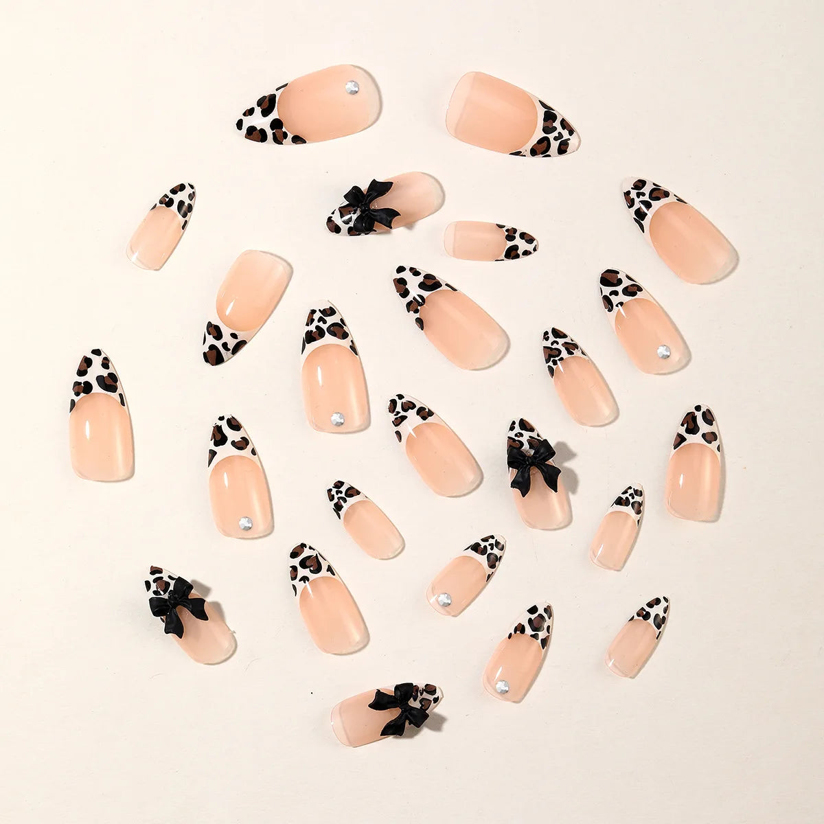 French Almond Press-On Nails – Leopard Print & 3D Bow Designs, 24 Pieces