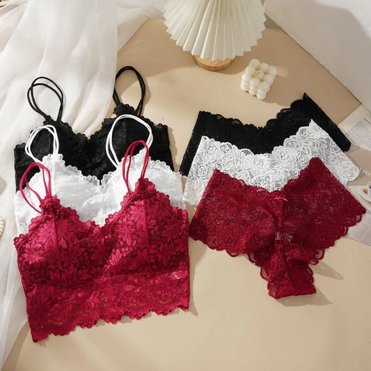 Floral Lace Longline Bralette & Boyshort Set — Wire-Free Padded | Women's Lingerie