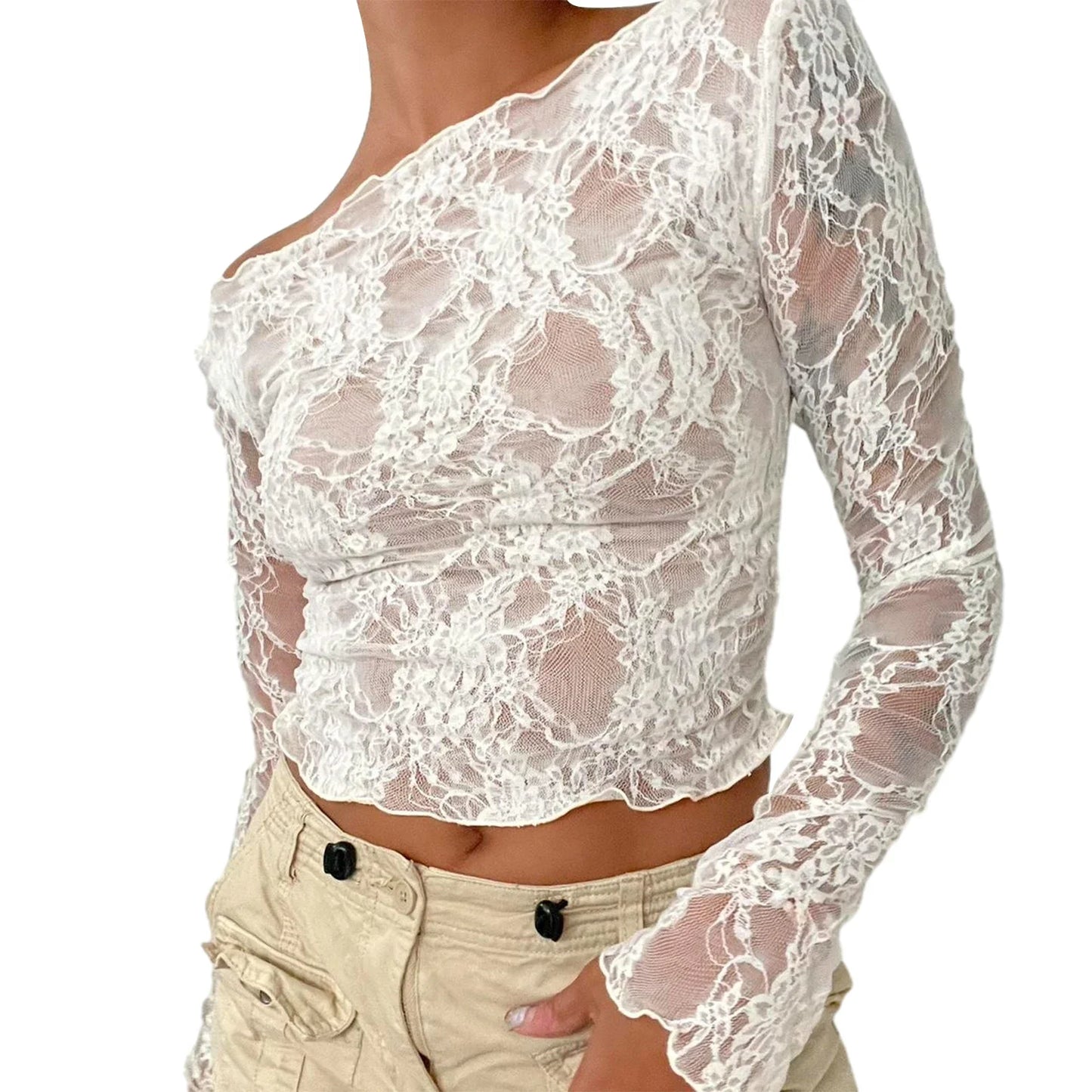 Sexy Women Lace Mesh Sheer Crop Tops Long Sleeve See Through T Shirt Going Out Tops Slim Fit Cover Up Blouse Top