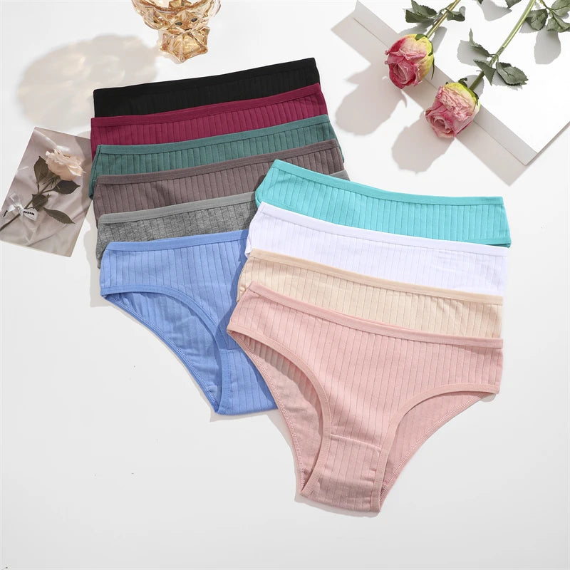 FINETOO 3PCS/SET Cotton Ribbed Striped Underwear for Women Plus Size 10 Soild Colours Stretch Briefs Ladies Soft Lingerie S-7XL