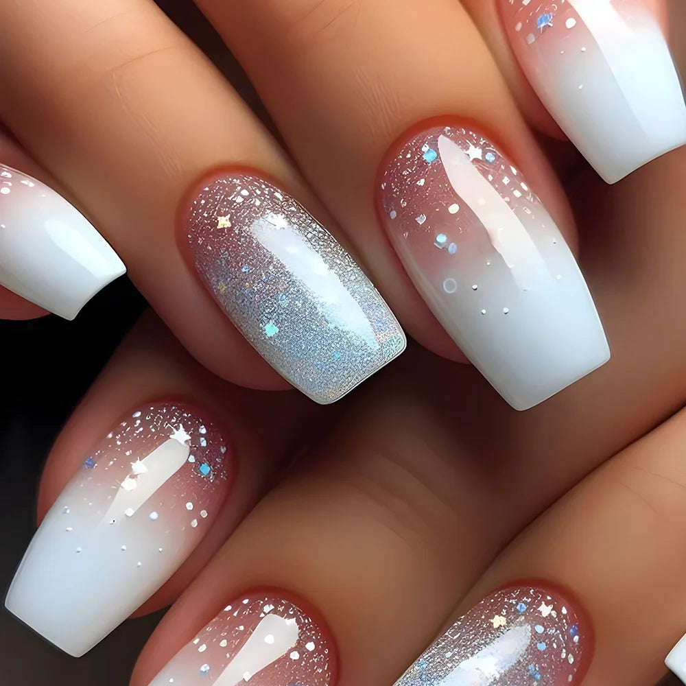 Short Ballerina Press-On Nails – Ombre Gradient Designs, 24 Pieces