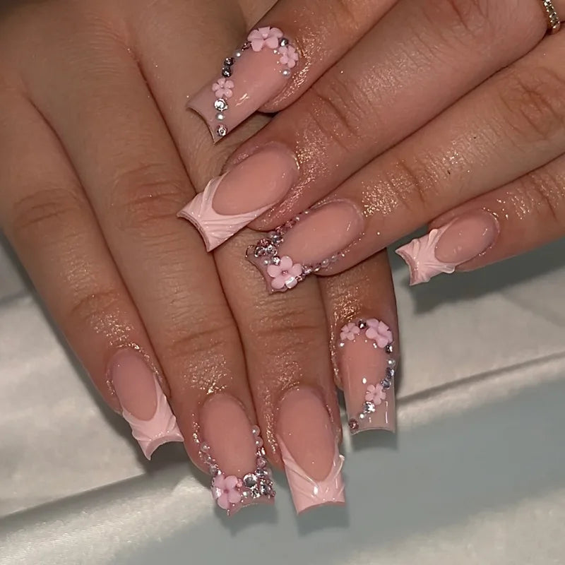 Medium Square Press-On Nails with Adhesive - Blush Pink Floral & French, 24 Pieces