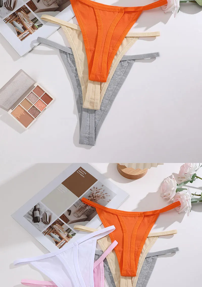 FINETOO 3PCS/Set Sexy Women Cotton G-String Underwear Low Waist Panties Girl T-back Panty Soft Thin Strap Femme Thong Lingerie