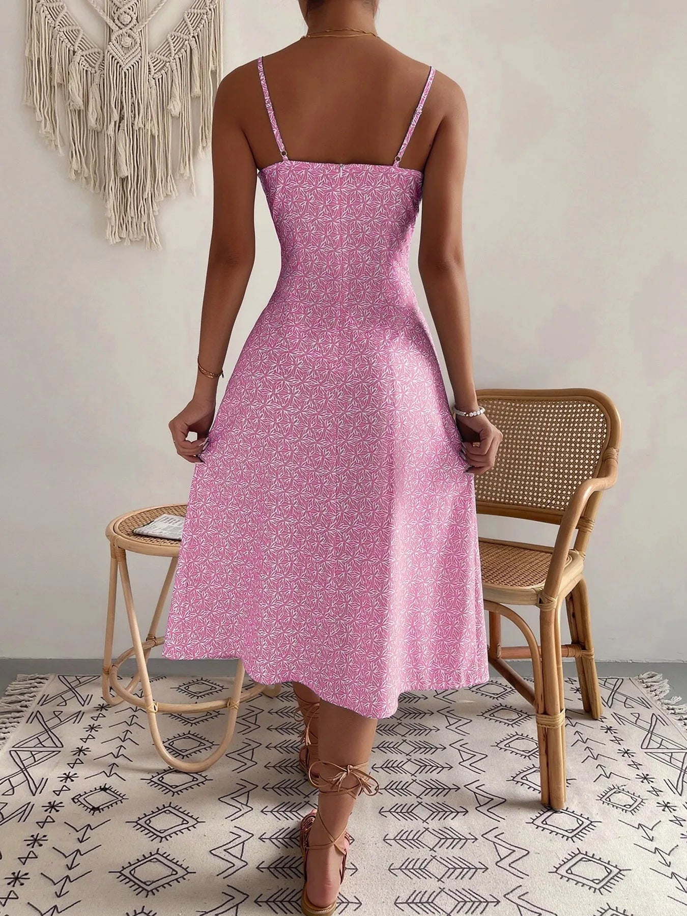 Floral Strappy Dress with Gathered Bust & Thigh Slit – Sexy Summer Dress