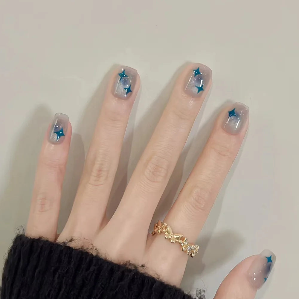 Galaxy Glitter Press-On Nails – Star & Cat-Eye Designs, 24 Pieces