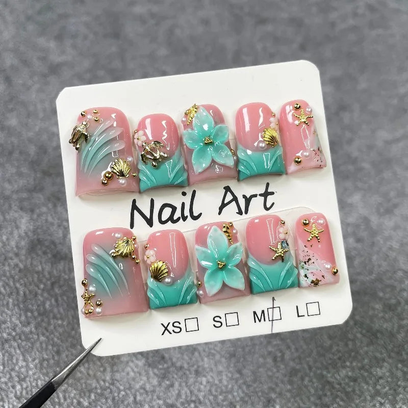 Handmade Duck Tip Press-On Nails - Ocean-Inspired 3D Floral, 10 Pieces