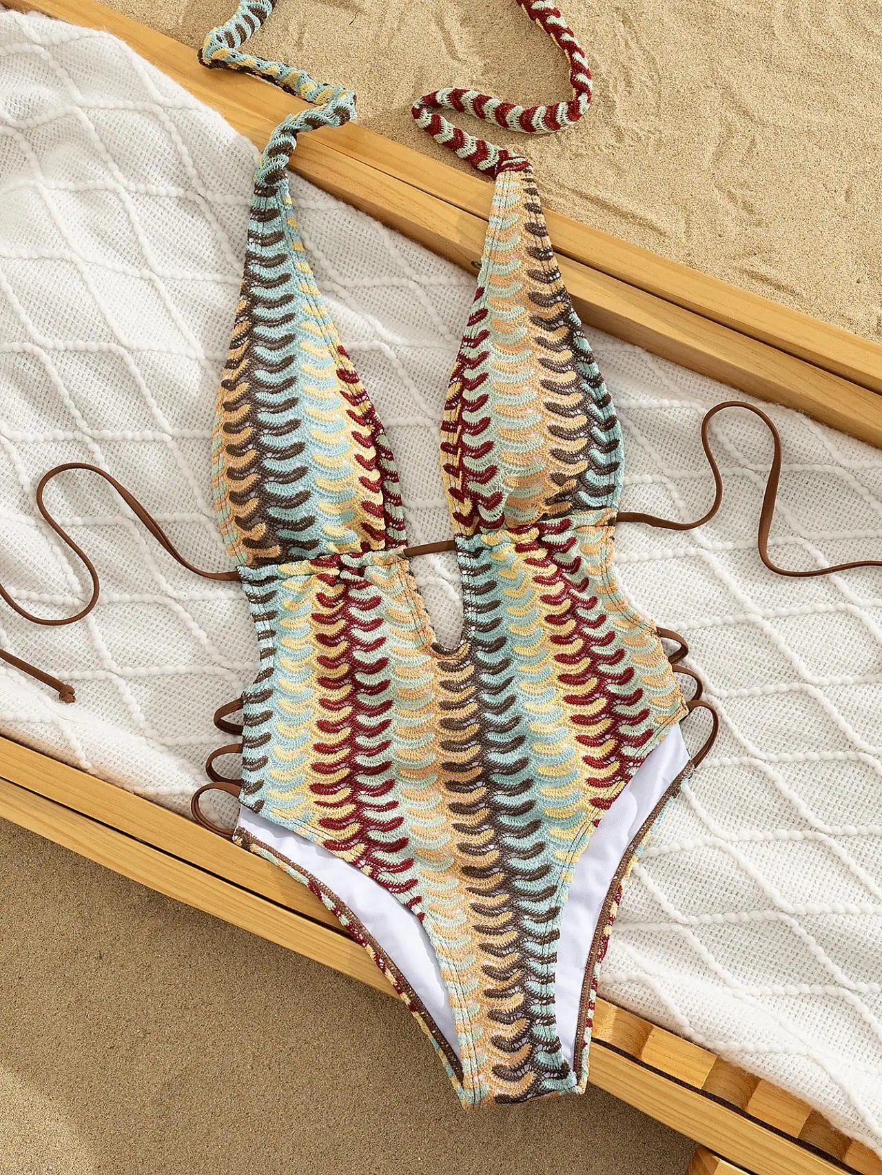 Vintage Print Halter One-Piece Swimsuit — Deep V-Neck Backless Monokini | Women's Swimwear