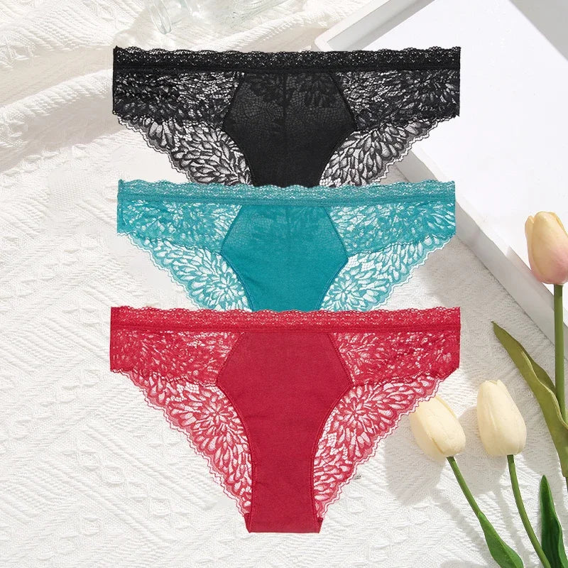 3-Pack Seamless Lace Hollow-Out Brief Panties – Soft Breathable Low-Rise Underwear for Women (S–XL, 20 Color Sets)