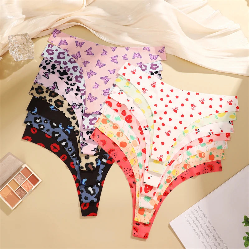 5-Pack Ice Silk Printed Thongs — Seamless Low-Rise G-String Panties