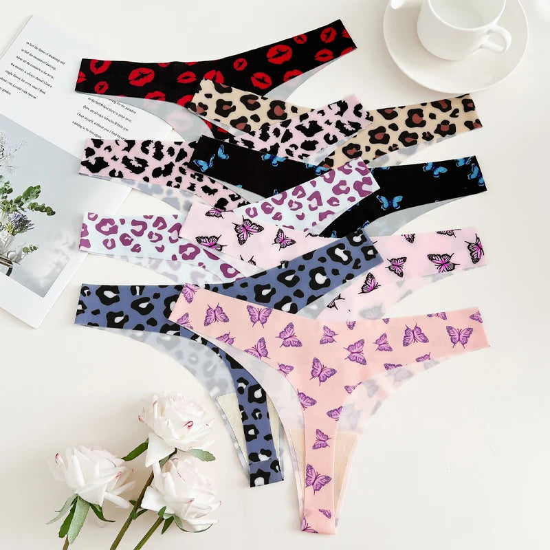 5-Pack Ice Silk Printed Thongs — Seamless Low-Rise G-String Panties