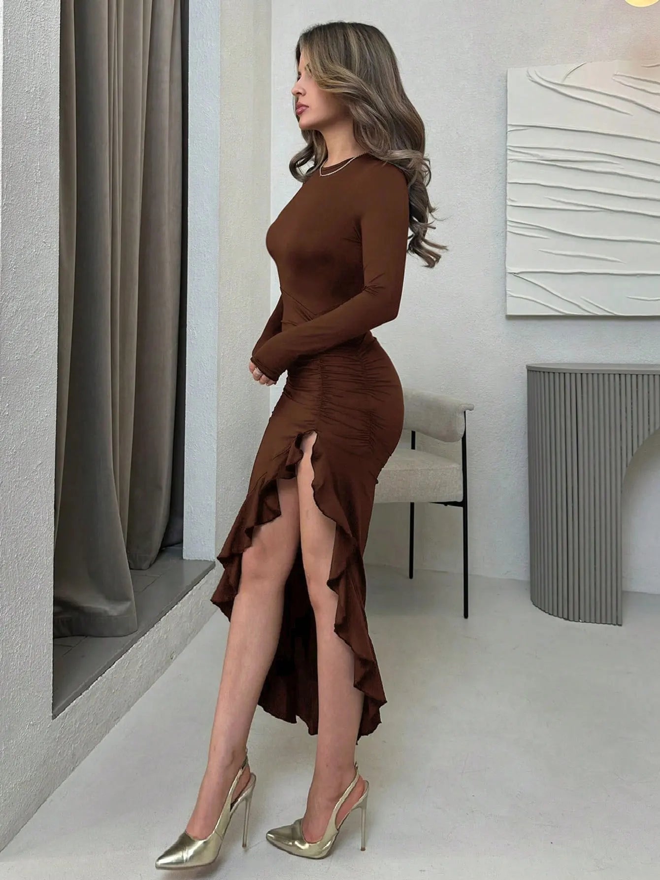 Women's Spring/Summer Round Neck Solid Color Sexy and Elegant Bodycon Ruffle Hem Long Sleeve Asymmetrical High Slit Dress