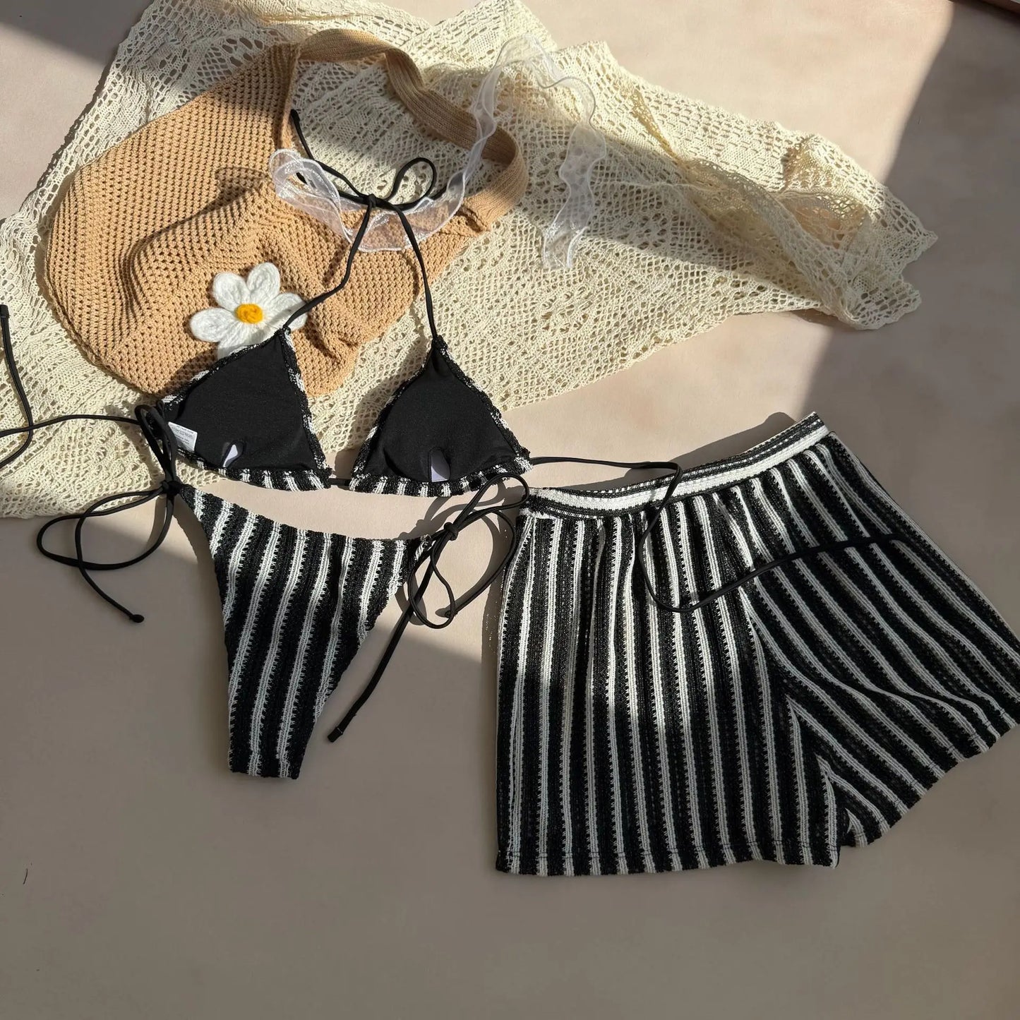 Striped Halter Triangle Bikini Set — 3-Piece with Mini Skirt Cover-Up | Women's Swimwear