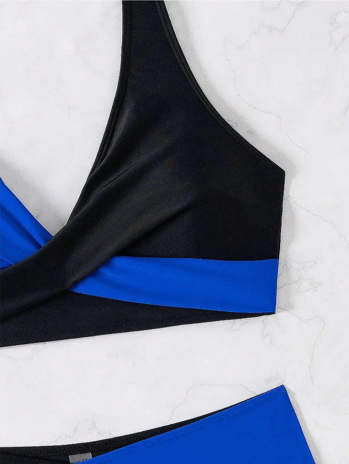 Color Block Wrap Bikini Set — Halter Crossover Top & High Waist Bottoms | Women's Swimwear