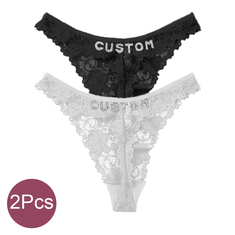 Custom Name Crystal Letter Thong | Dual-Color Lace G-String | Personalized Hotwife Gift
