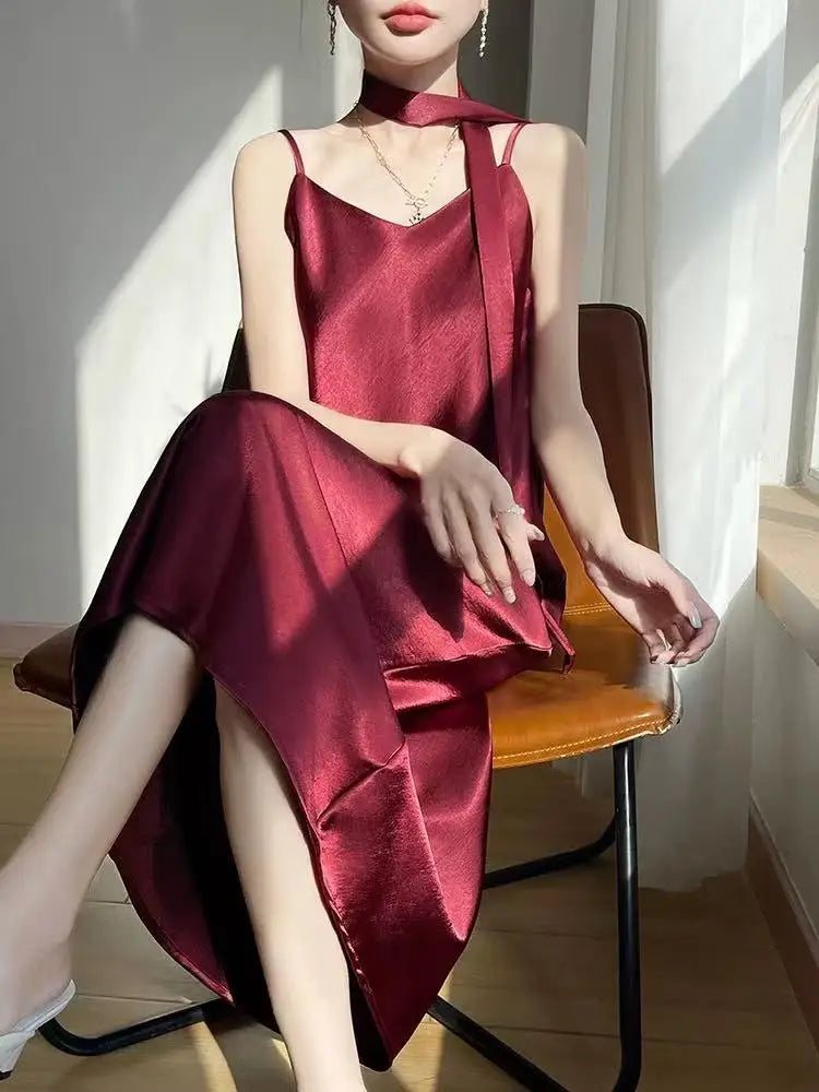 French Elegant Satin Camis Dress Women Summer Loose with Ribbon Midi Dress Female Fashion Aesthetic Party Evening Slip Dress