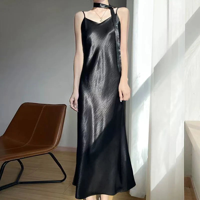 French Elegant Satin Camis Dress Women Summer Loose with Ribbon Midi Dress Female Fashion Aesthetic Party Evening Slip Dress