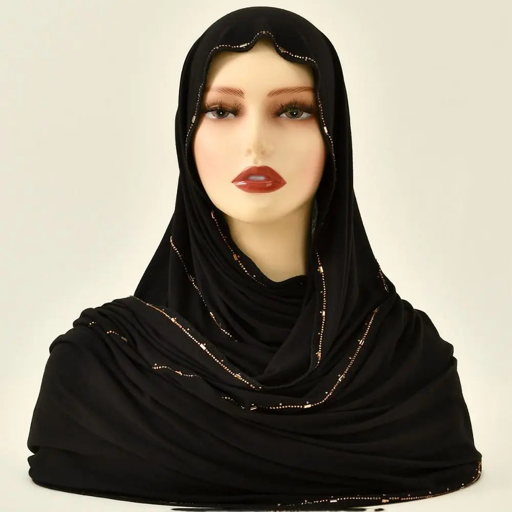 New Breathable Rhinestone Hijab Scarf Soft Glitter Shimmer Edge Headband Turban Solid Color Headscarf For Women