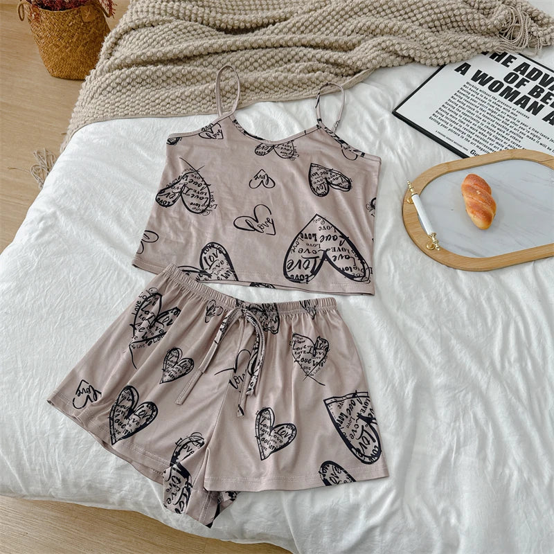 Cherry Print Ice Silk Pajama Set — Sleeveless Cami Top & Shorts