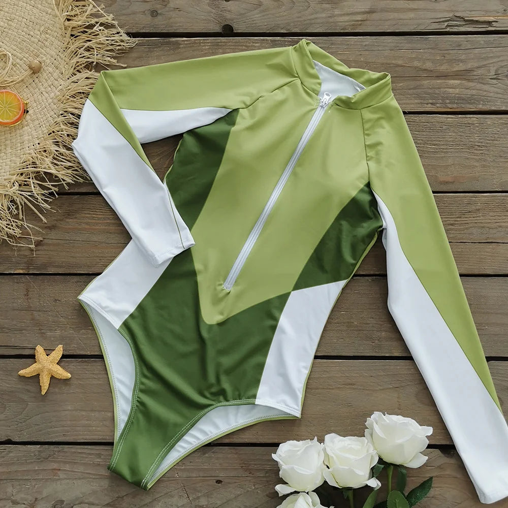 Color Block Surfing One-Piece Swimsuit — Long Sleeve Zipper | Women's Sport Swimwear