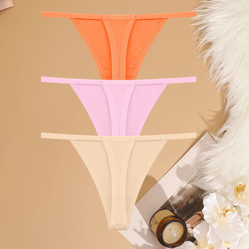 FINETOO 3PCS/Set Sexy Women Cotton G-String Underwear Low Waist Panties Girl T-back Panty Soft Thin Strap Femme Thong Lingerie