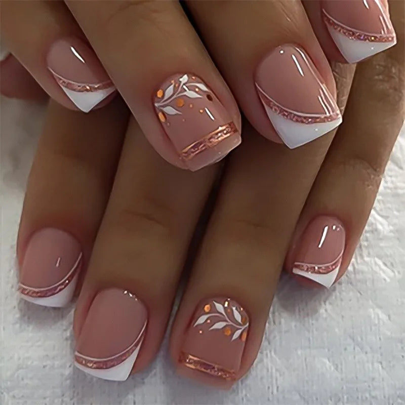 Short Square Press-On Nails - Purple Floral & Gradient French, 24 Pieces