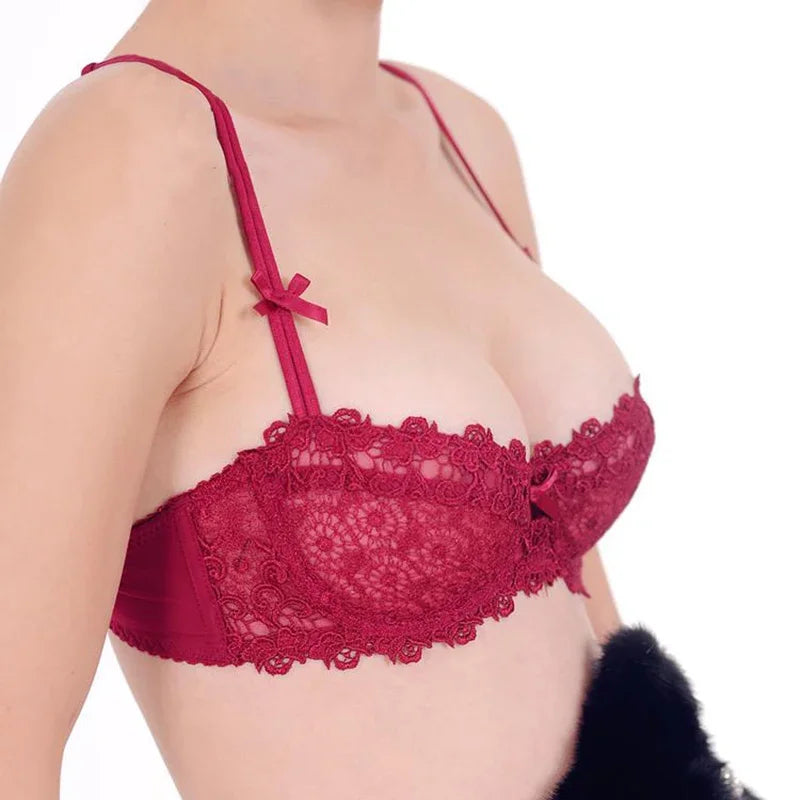 Women's Plus Size Sexy Half Cup Lace Bra | Sheer Mesh Unlined Bralette with Underwire | Natural Lift Lingerie for A-D Cup (70A–95D)