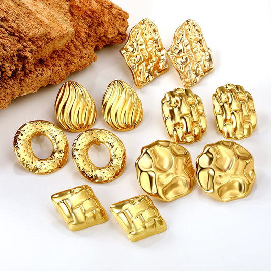Round Stud Earrings – 18K Gold-Plated Geometric Stainless Steel Piercing Earrings for Women