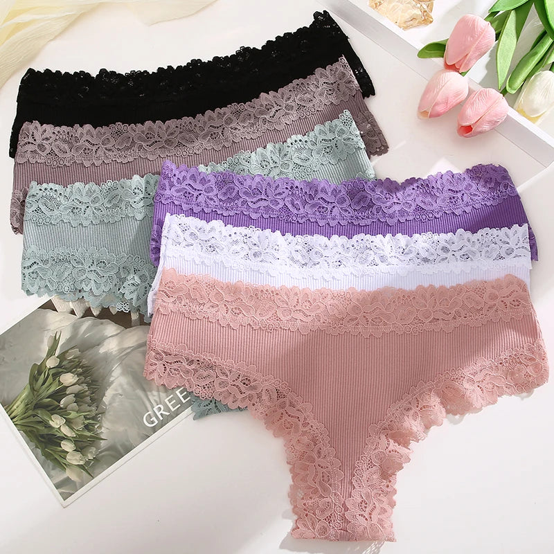 Women's Cotton Lace Briefs – 3-Piece Set | Soft Low-Rise Stretch Underwear (S–XL)