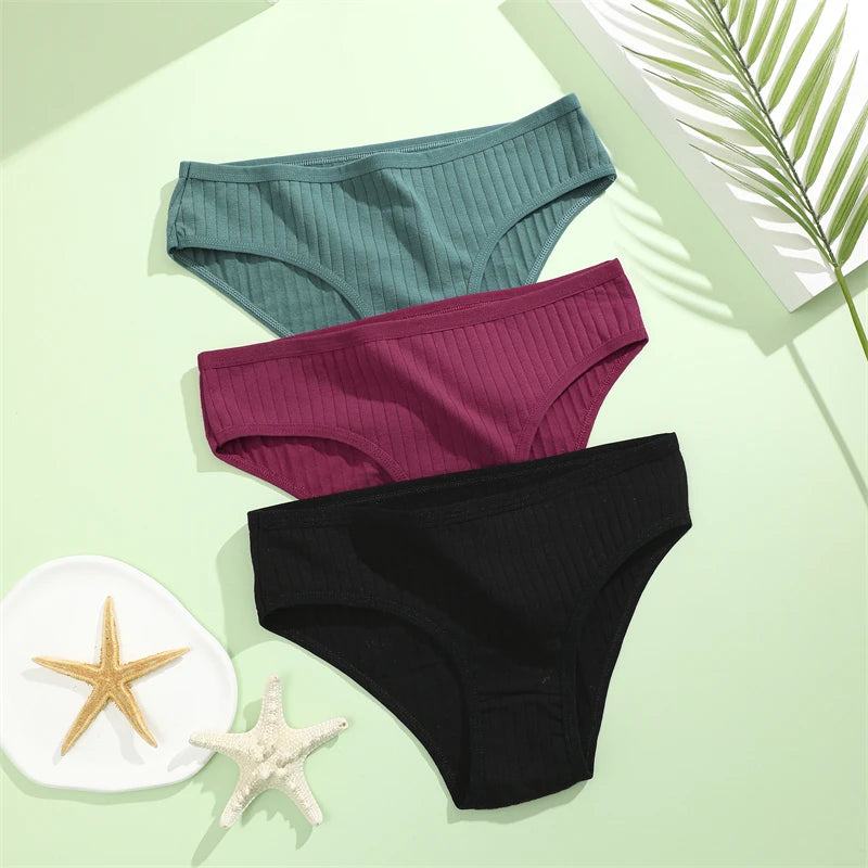 FINETOO 3PCS/SET Cotton Ribbed Striped Underwear for Women Plus Size 10 Soild Colours Stretch Briefs Ladies Soft Lingerie S-7XL
