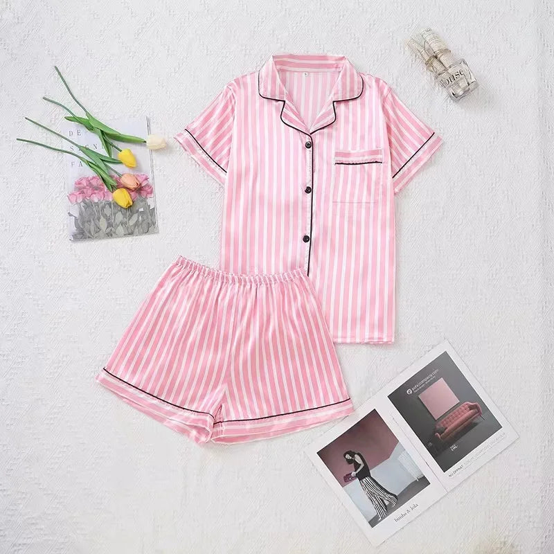 Striped Cardigan Pajama Set – Short-Sleeve Lapel Top & Shorts, Cotton Homewear for Women (S–XL)