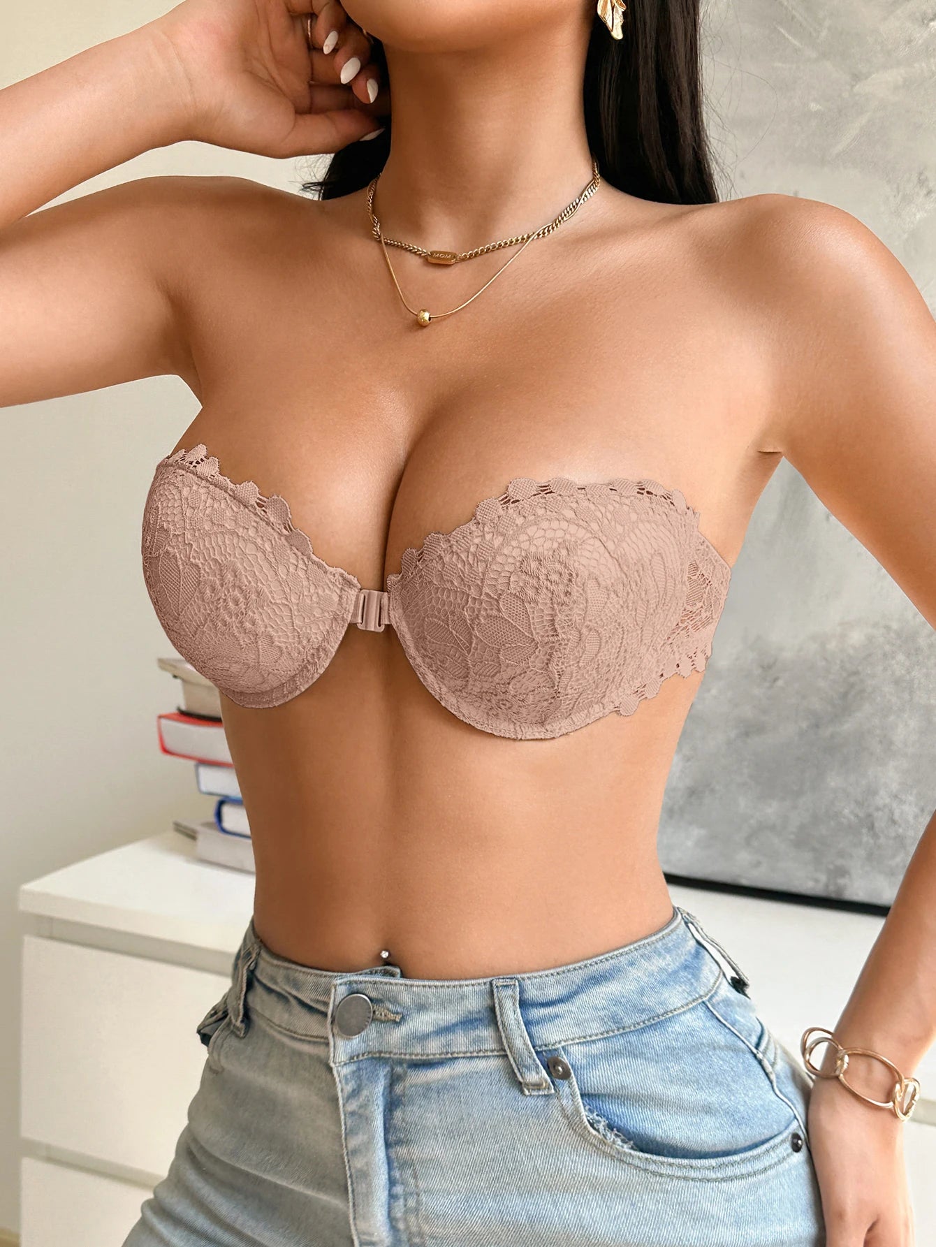 Lace Half-Cup Strapless Push-Up Bra — Front Clasp Non-Slip | Women's Lingerie