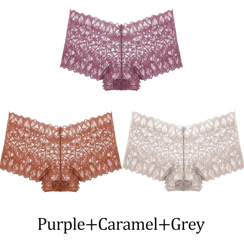 3-Pack Lace Boyshort Panties – Low-Rise Floral Underwear for Women (S–XL, 14 Color Sets)