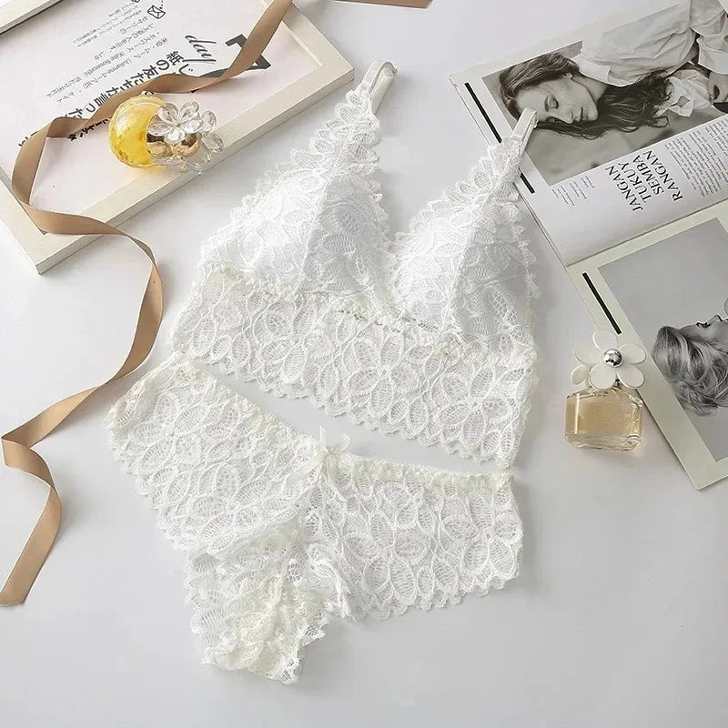 Floral Embroidery Lace Bra & Panty Set — Wire-Free Padded Bralette | Women's Lingerie