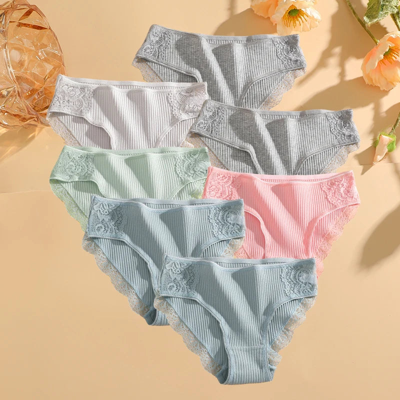FINETOO 7PCS Cotton Underwear Women's Panties Set Comfort Underpants Floral Lace Briefs For Woman Sexy Low-Rise Pantys Intimates