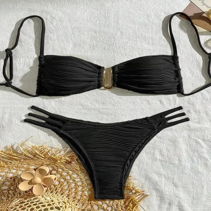 Ruched Bandeau Bikini Set — Brazilian Cut with Metal Detail | Women's Swimwear