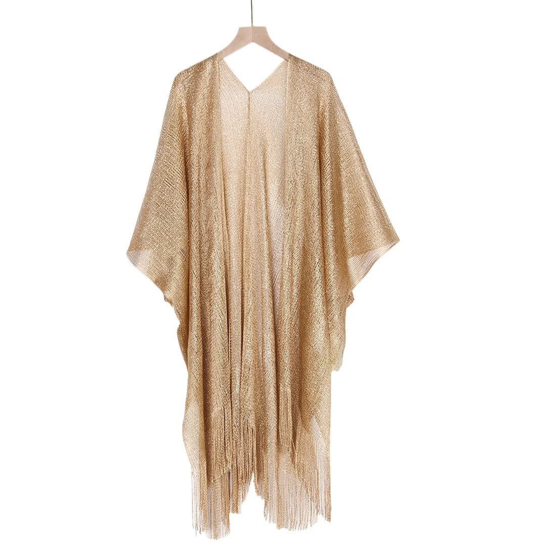 Metallic Tassel Trim Beach Cover-Up — Sheer Kimono | Women's Swimwear