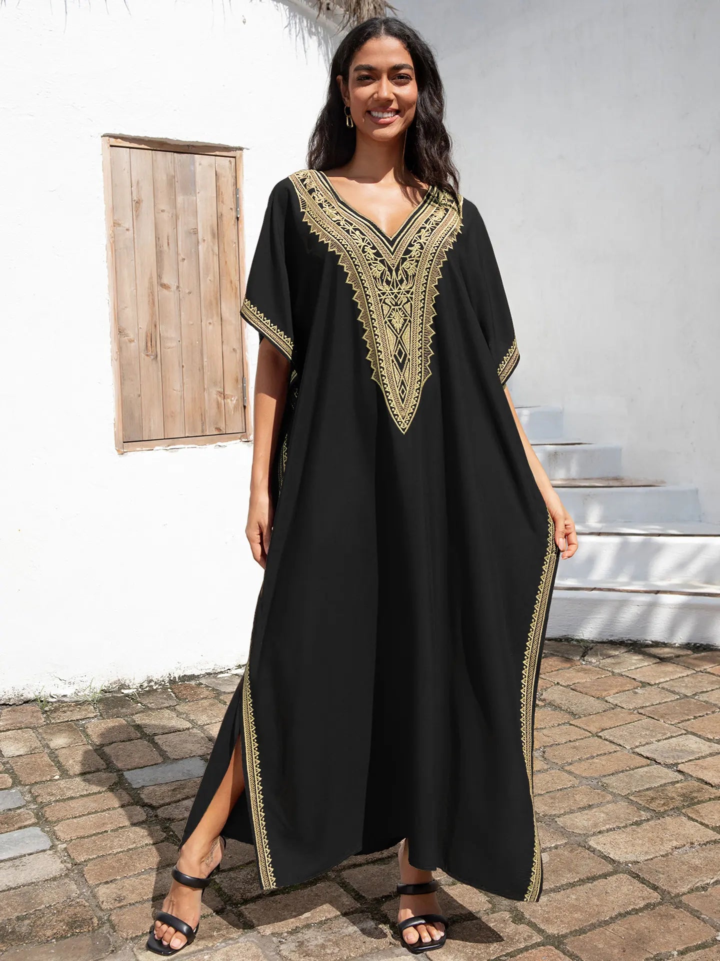 Embroidery Beach Cover-Up Kaftan — Loose V-Neck Long Robe | Women's Swimsuit Cover-Up